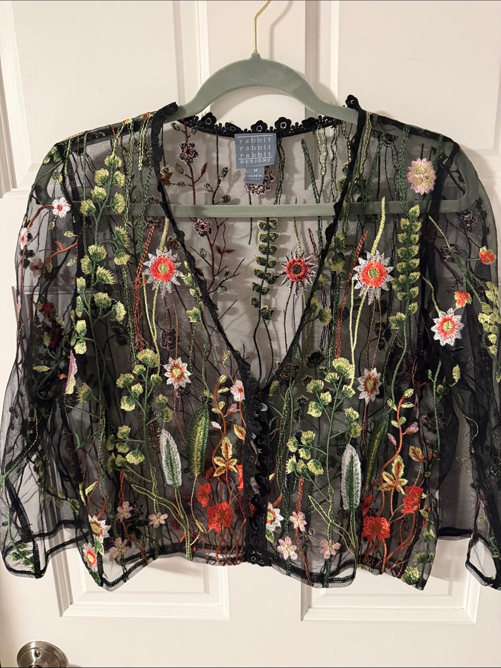 Rabbit Rabbit Rabbit Designs Sheer Black Mesh Floral Embroidered Cardigan Top M